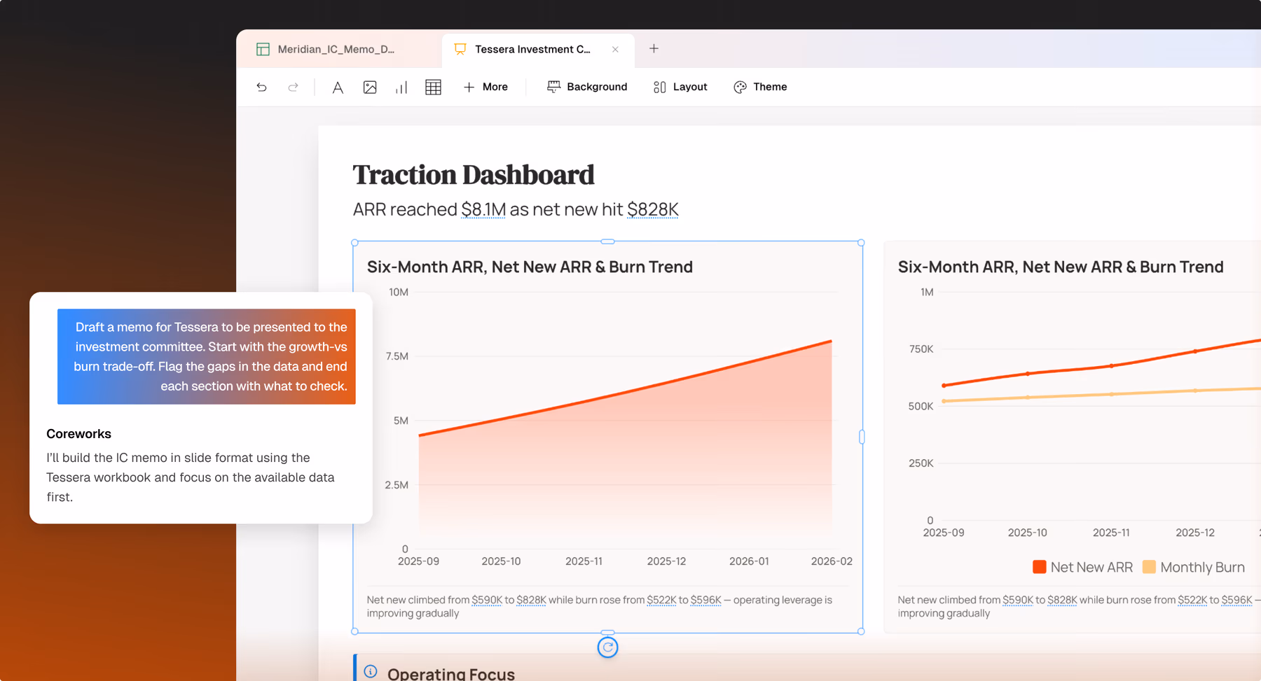 Coreworks chat turning a workbook into an editable, presentation-ready deck